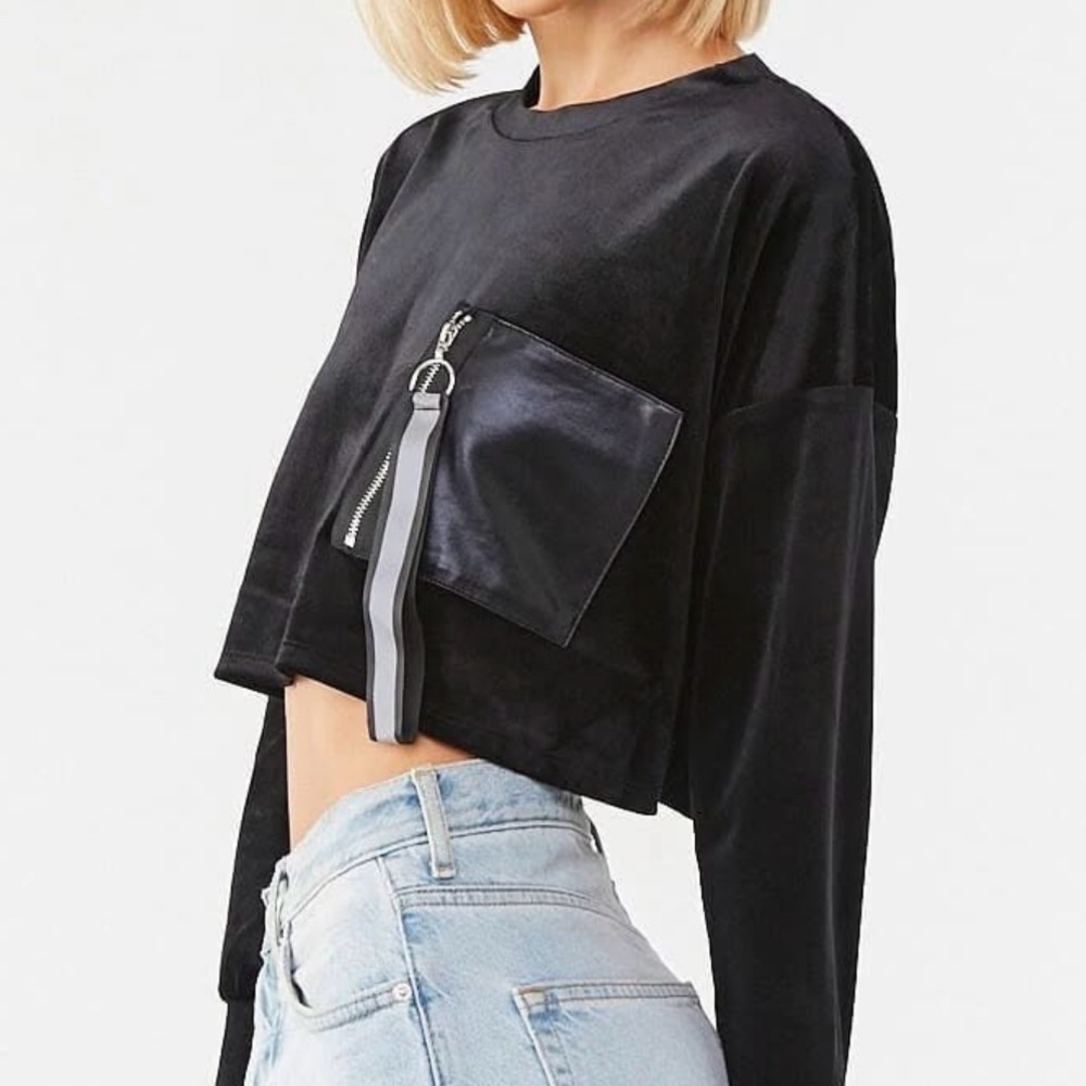 Forever 21 Black Velvet Cropped Sweater with Zipper Detail large